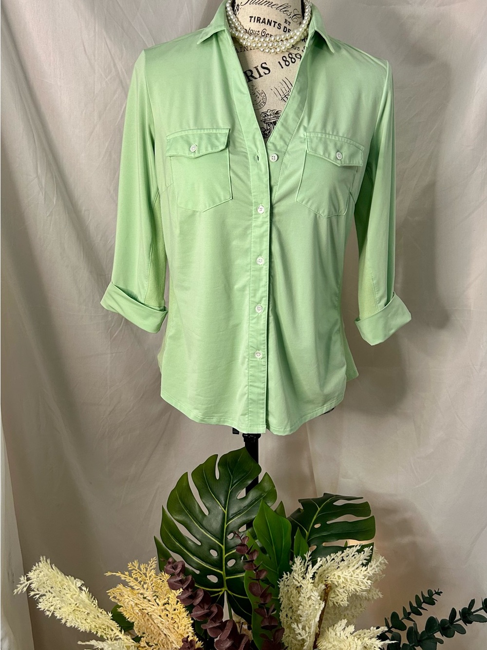 J. McLaughlin Lime Green Knit Button Down Shirt Flap Pockets Small